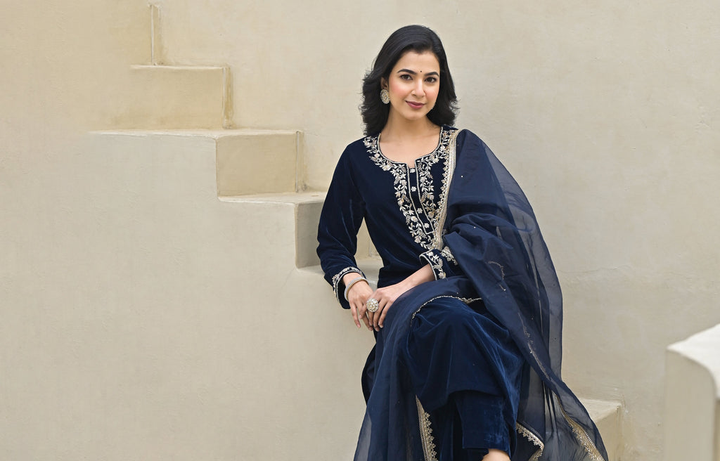 Noe Velarro Embroidered Blue Velvet Kurta Pant Dupatta Set for Women