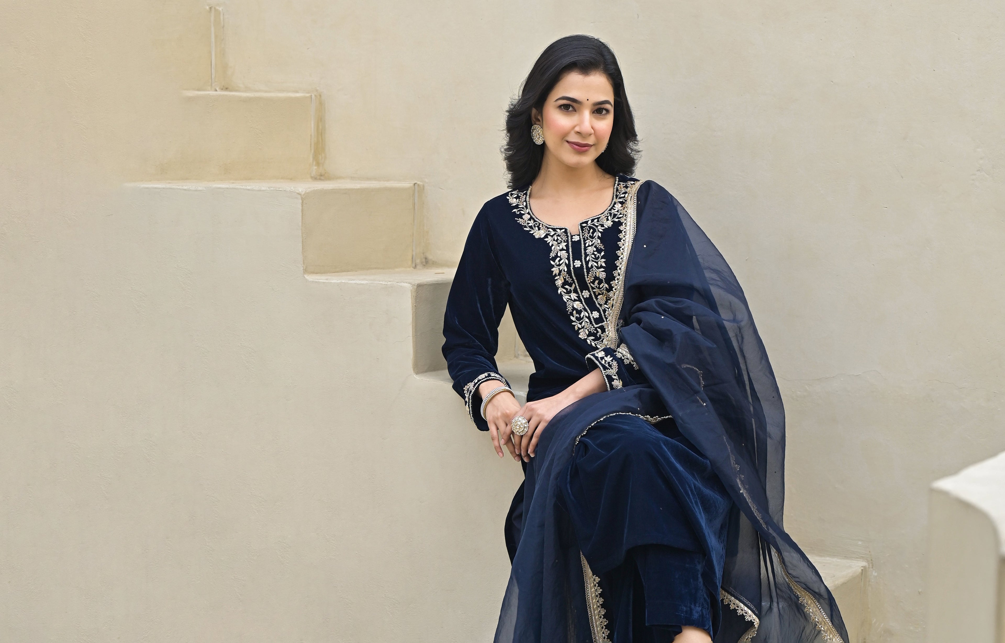 Noe Velarro Embroidered Blue Velvet Kurta Pant Dupatta Set for Women