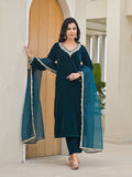 Noe Velarro Embroidered Green Velvet Kurta Pant Dupatta Set for Women