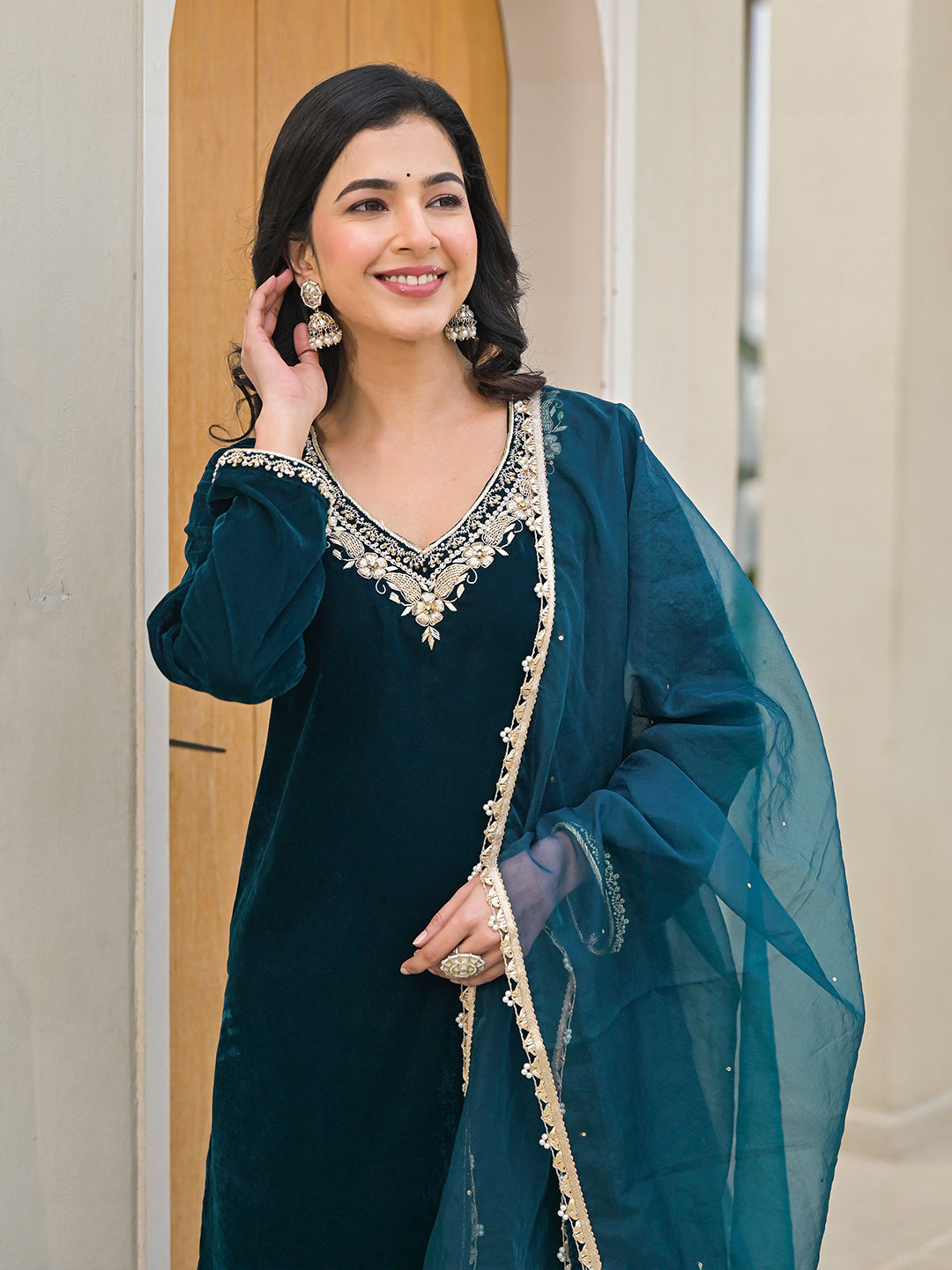 Noe Velarro Embroidered Green Velvet Kurta Pant Dupatta Set for Women