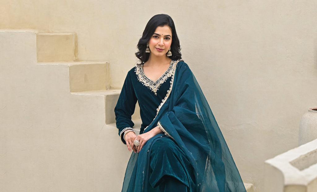 Noe Velarro Embroidered Green Velvet Kurta Pant Dupatta Set for Women