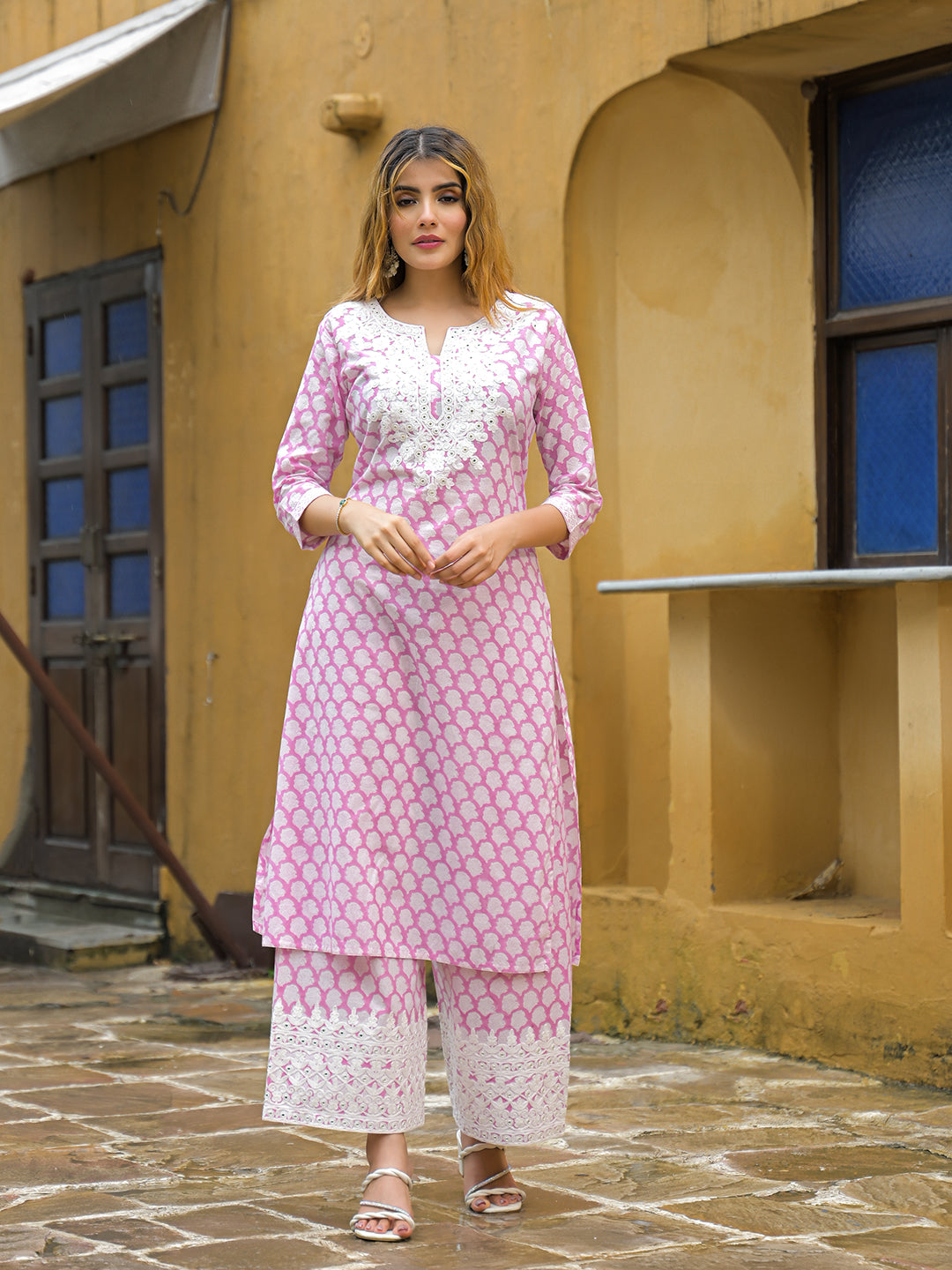 Noe Velarro Pink Hand Block Straight Cotton Kurta Pant Set