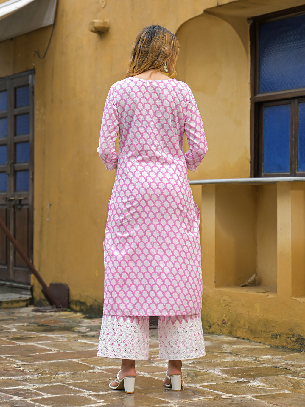 Noe Velarro Pink Hand Block Straight Cotton Kurta Pant Set