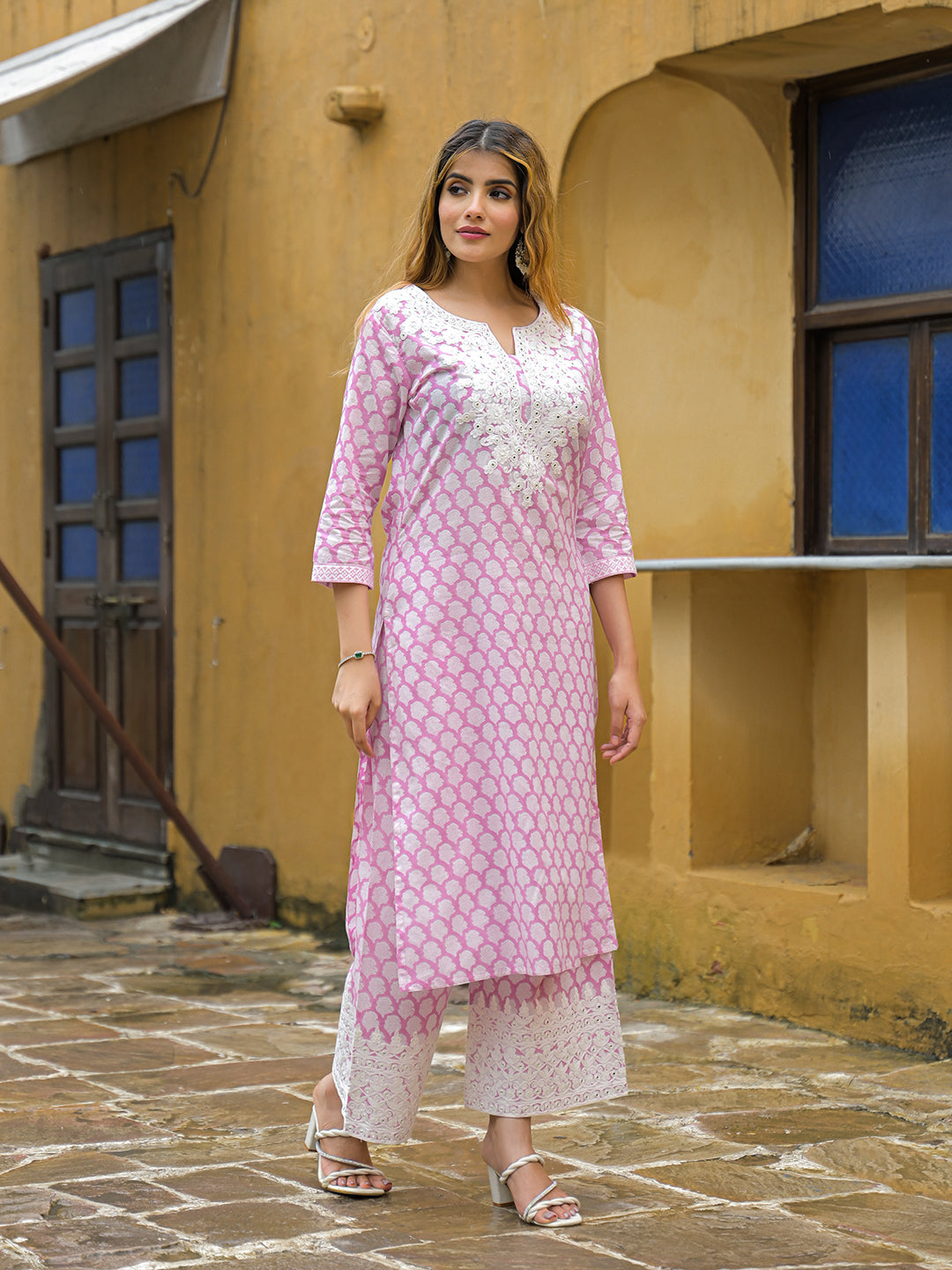 Noe Velarro Pink Hand Block Straight Cotton Kurta Pant Set