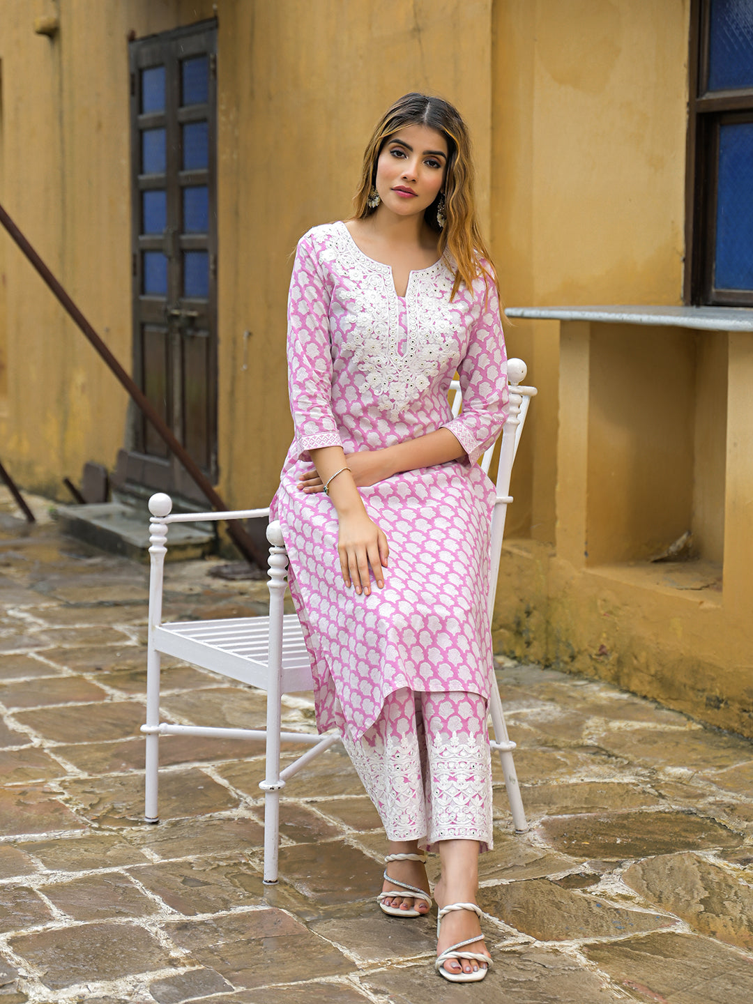 Noe Velarro Pink Hand Block Straight Cotton Kurta Pant Set