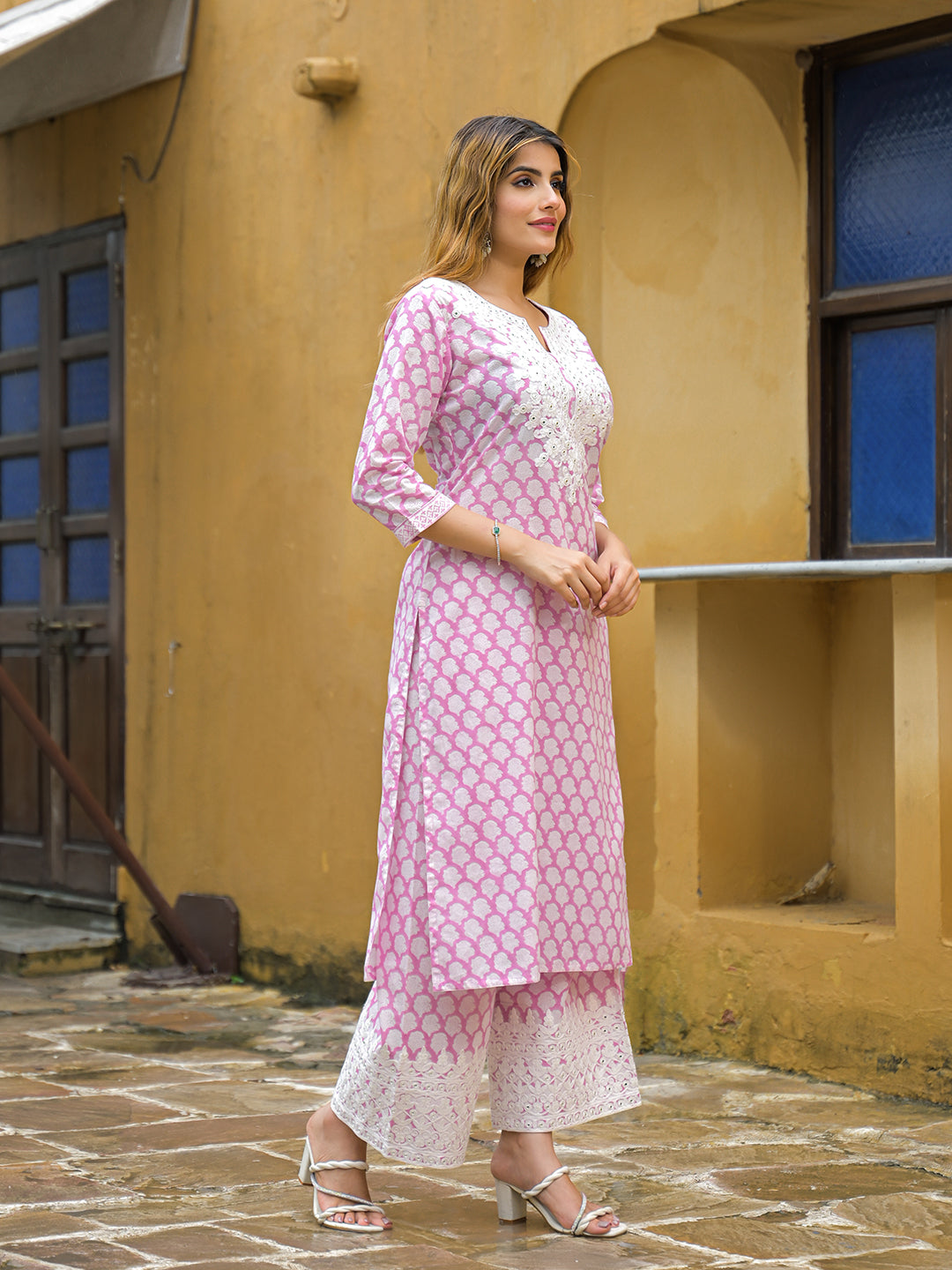 Noe Velarro Pink Hand Block Straight Cotton Kurta Pant Set