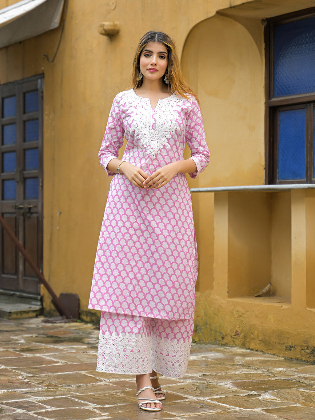 Noe Velarro Pink Hand Block Straight Cotton Kurta Pant Set