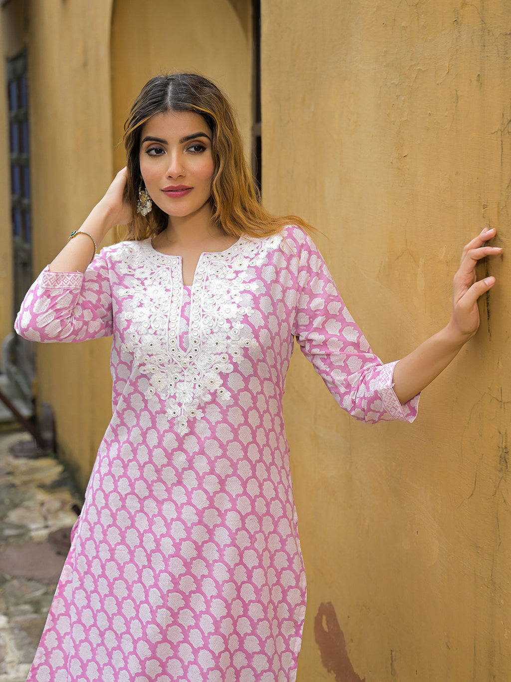 Noe Velarro Pink Hand Block Straight Cotton Kurta Pant Set