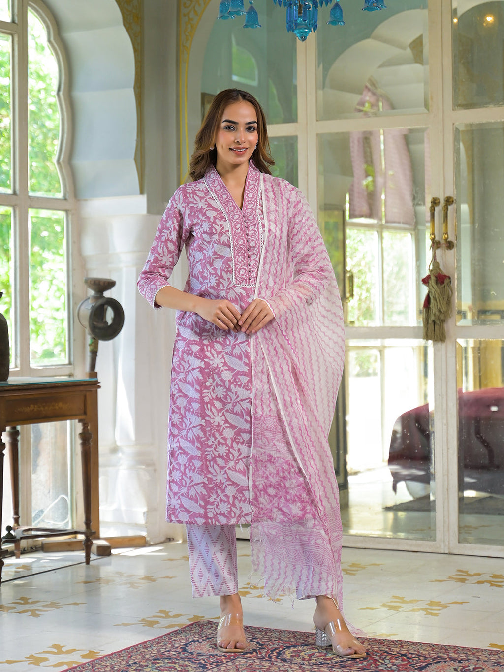 Noe Velarro White & Pink Cotton Block Print Kurta Pant with Dupatta