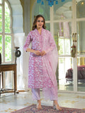 Noe Velarro White & Pink Cotton Block Print Kurta Pant with Dupatta