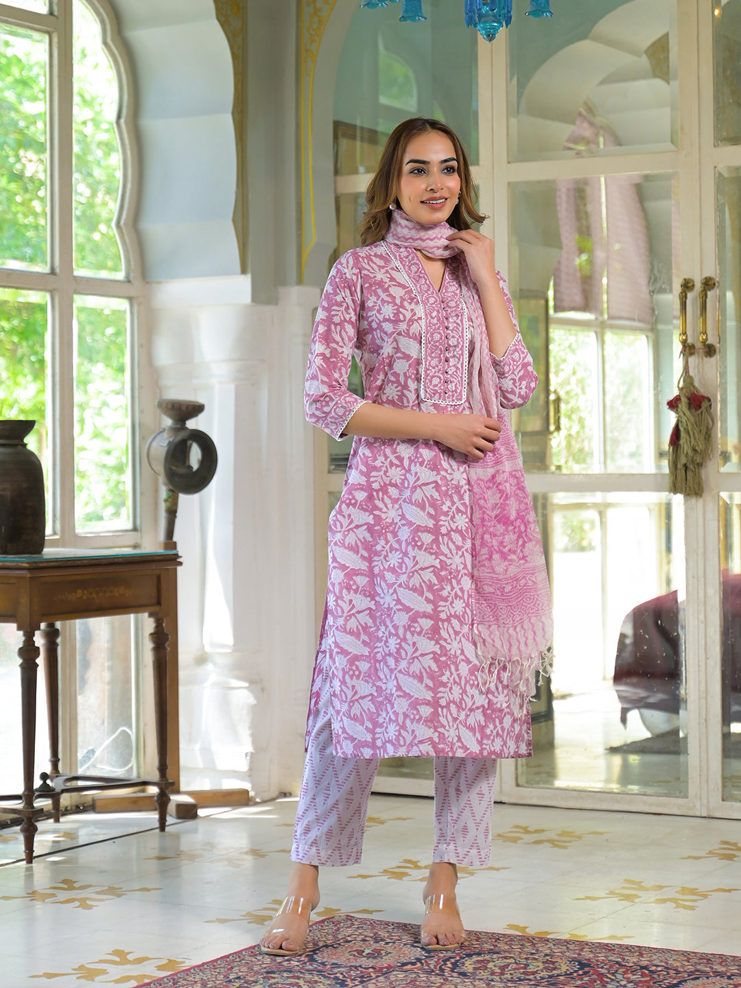 Noe Velarro White & Pink Cotton Block Print Kurta Pant with Dupatta