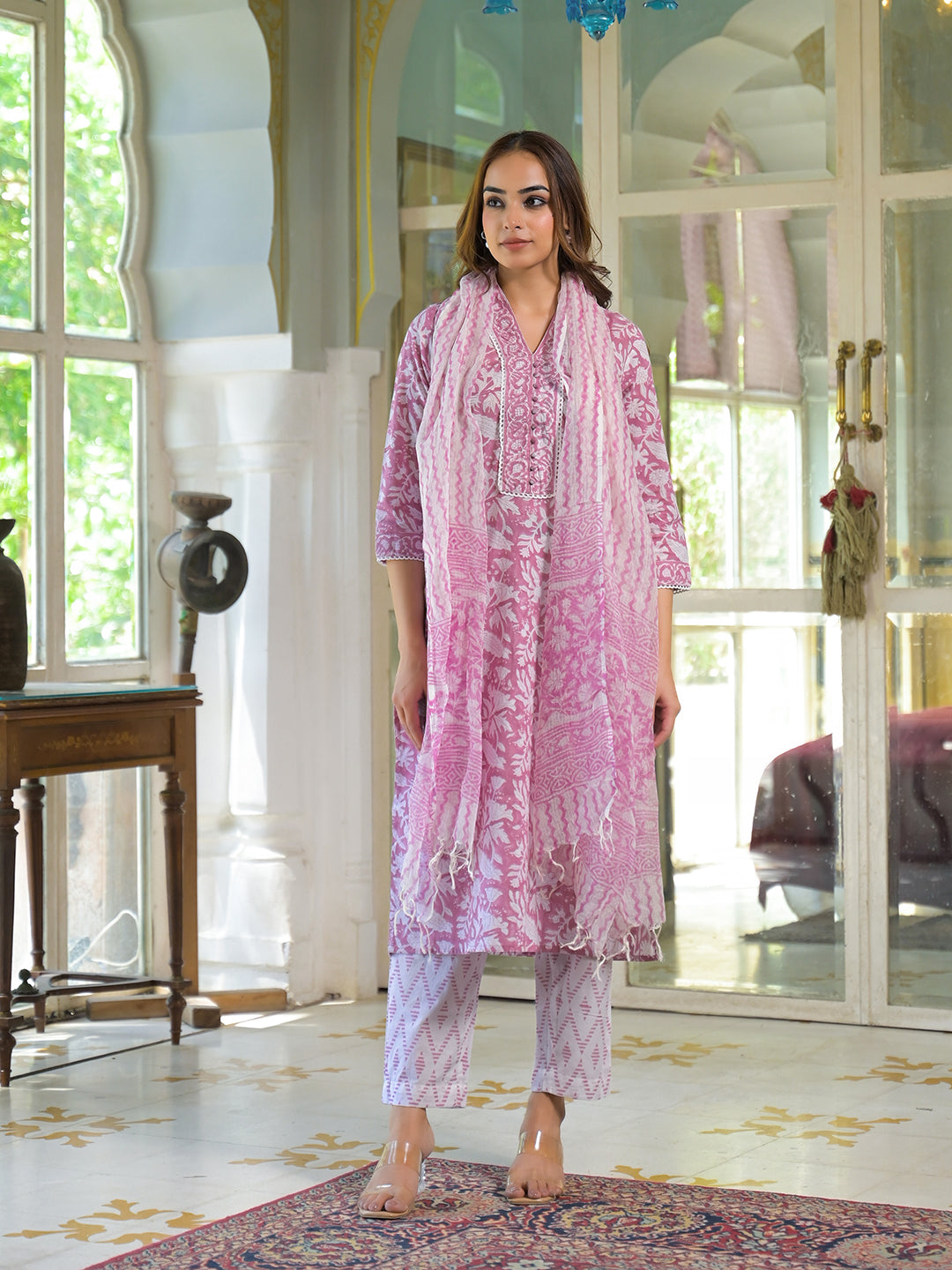 Noe Velarro White & Pink Cotton Block Print Kurta Pant with Dupatta