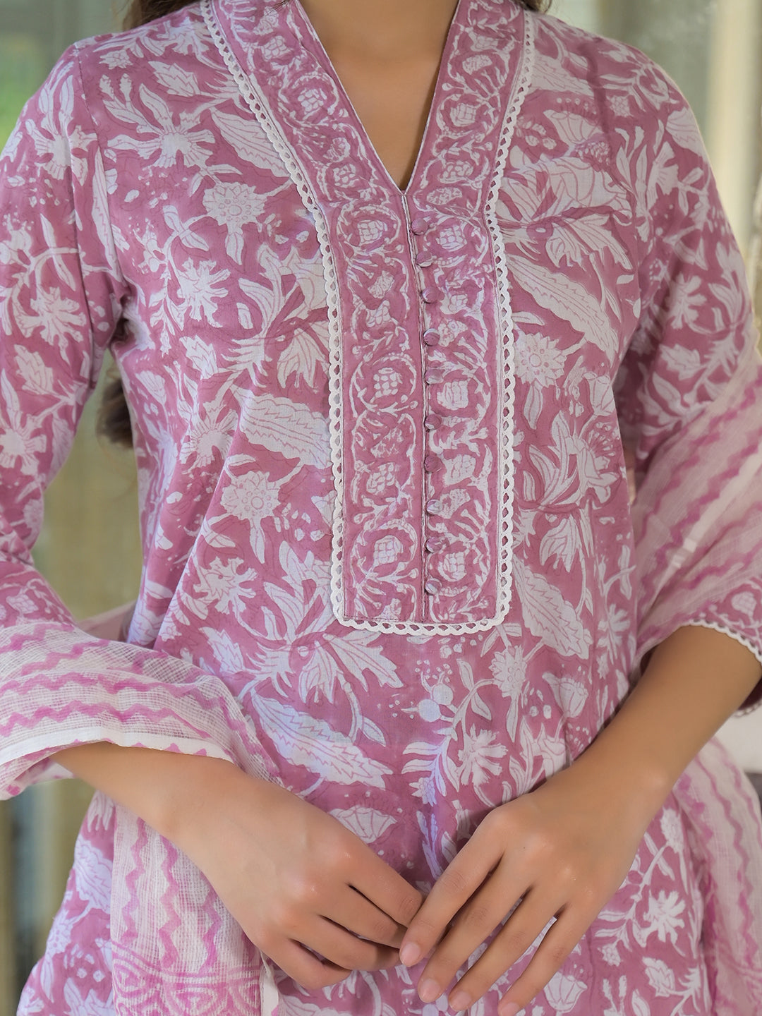 Noe Velarro White & Pink Cotton Block Print Kurta Pant with Dupatta