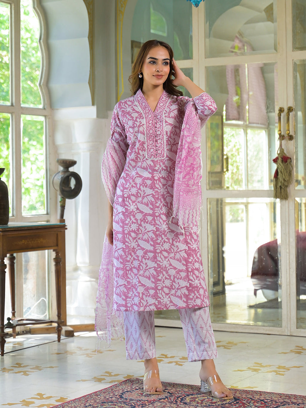Noe Velarro White & Pink Cotton Block Print Kurta Pant with Dupatta