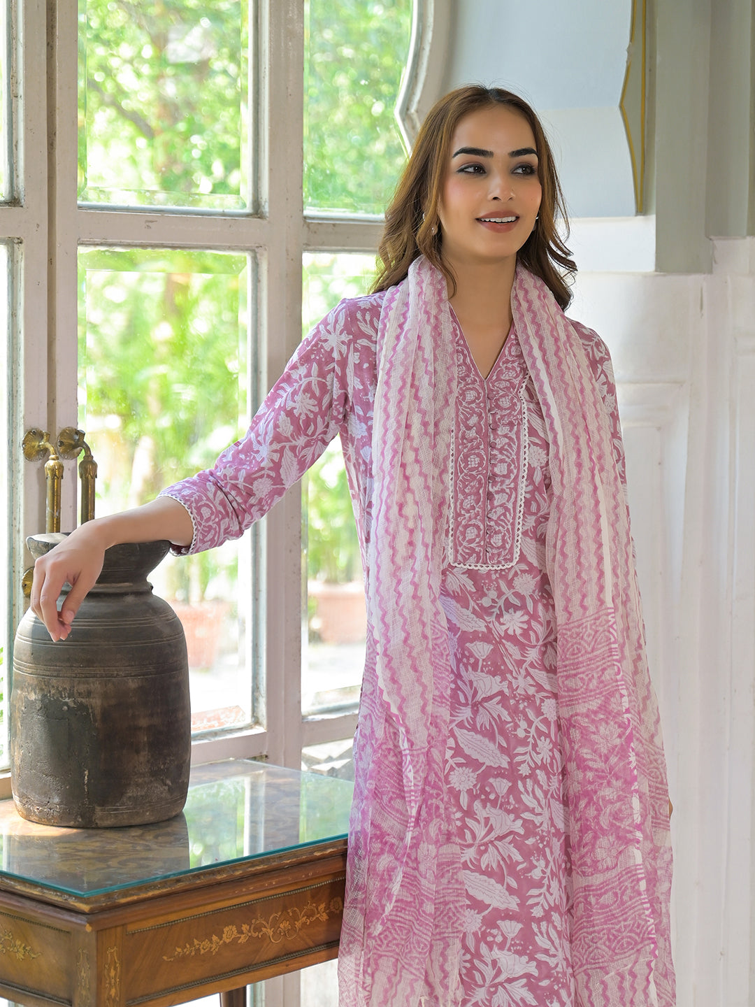 Noe Velarro White & Pink Cotton Block Print Kurta Pant with Dupatta