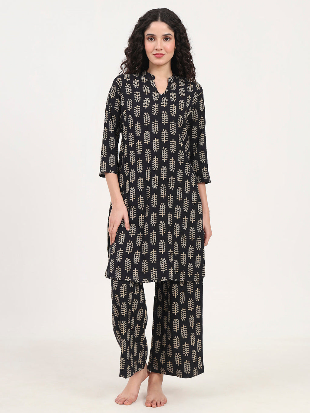Noe Velarro Black Printed Cotton Night Suit Set