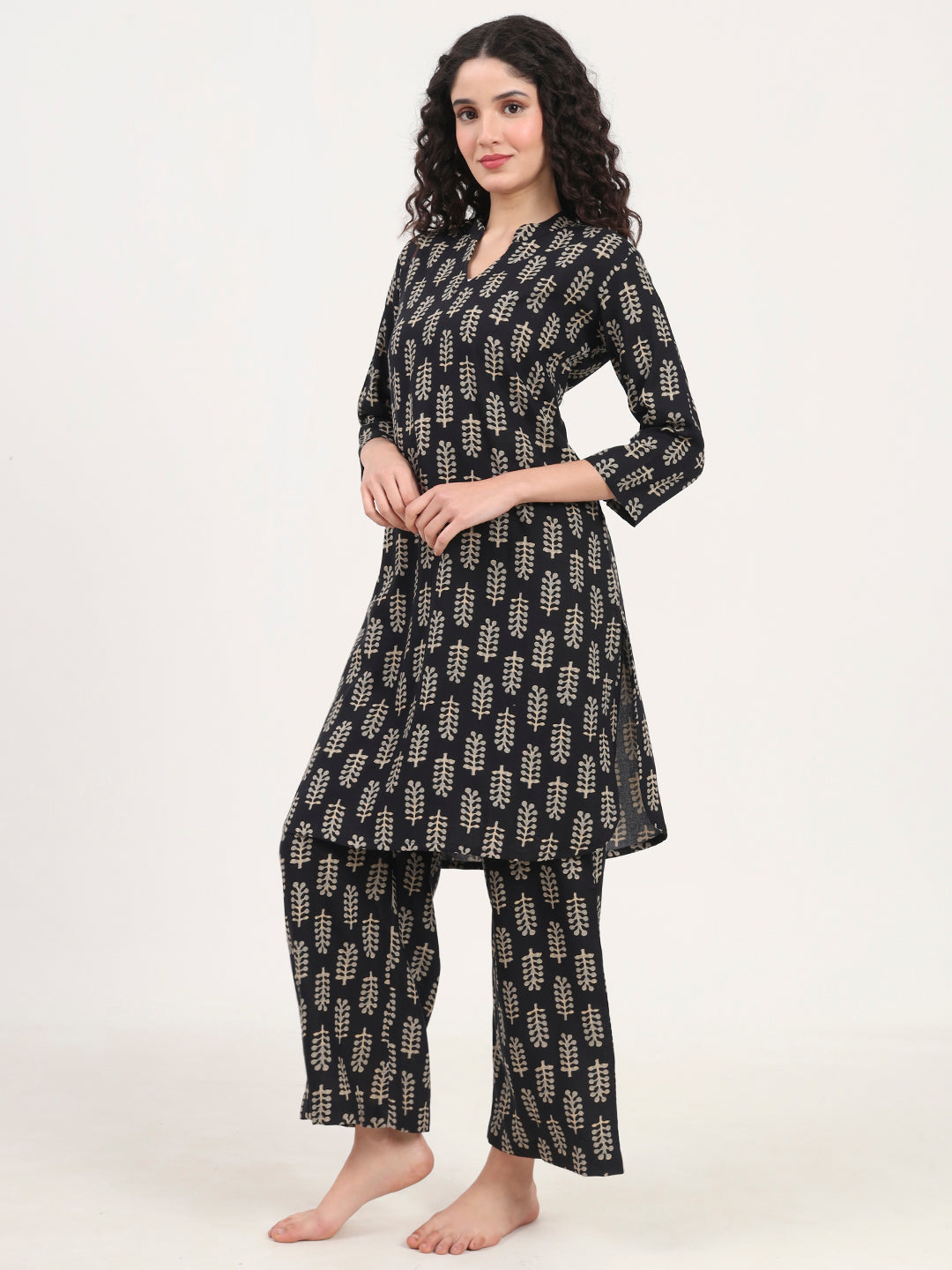 Noe Velarro Black Printed Cotton Night Suit Set
