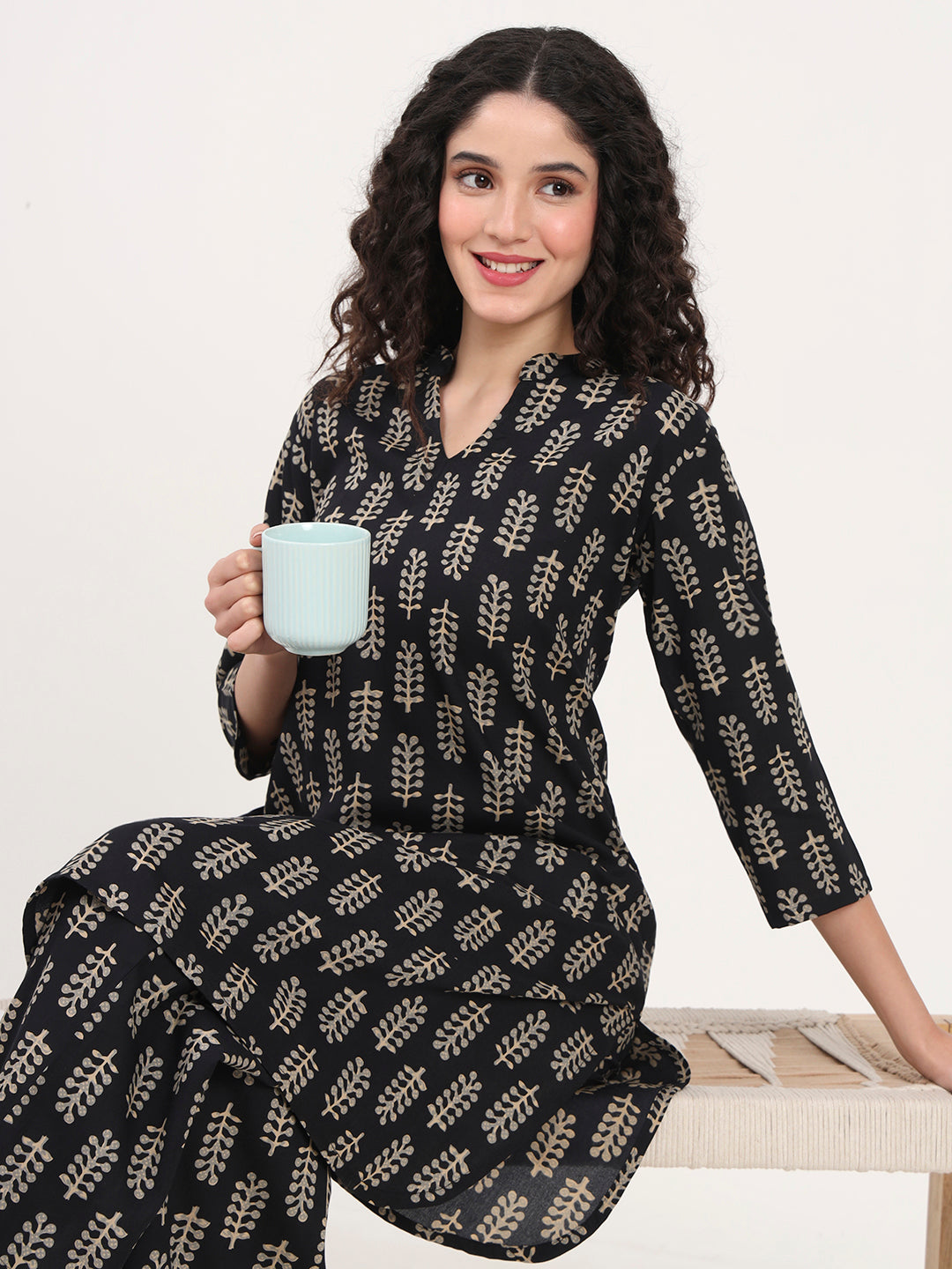 Noe Velarro Black Printed Cotton Night Suit Set