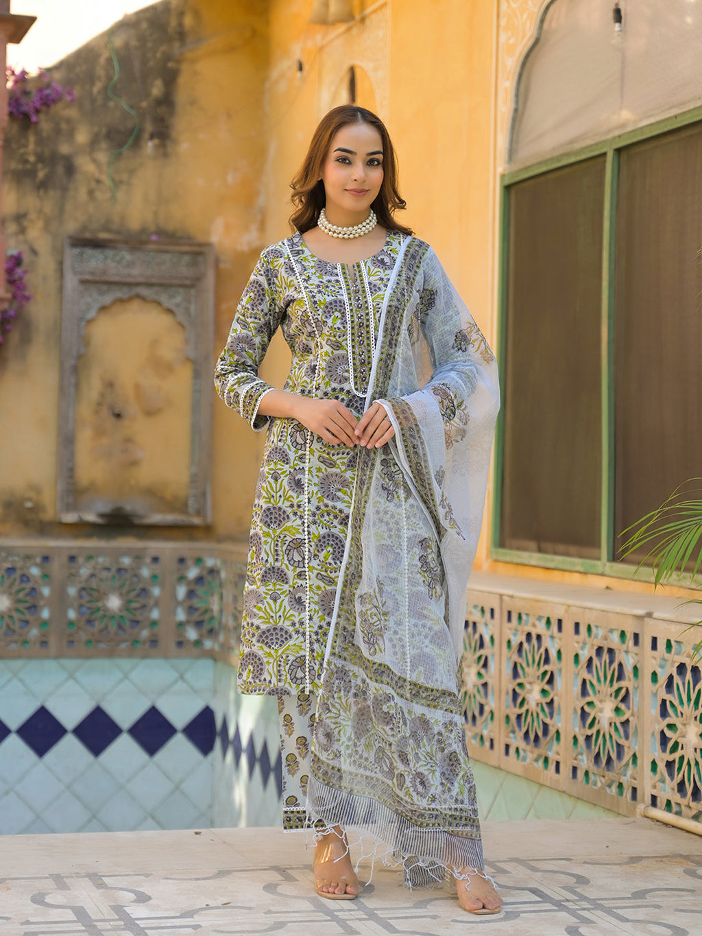 Noe Velarro Sea Green Cotton Hand Block Print Kurta Pant with Dupatta