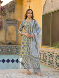 Noe Velarro Sea Green Cotton Hand Block Print Kurta Pant with Dupatta