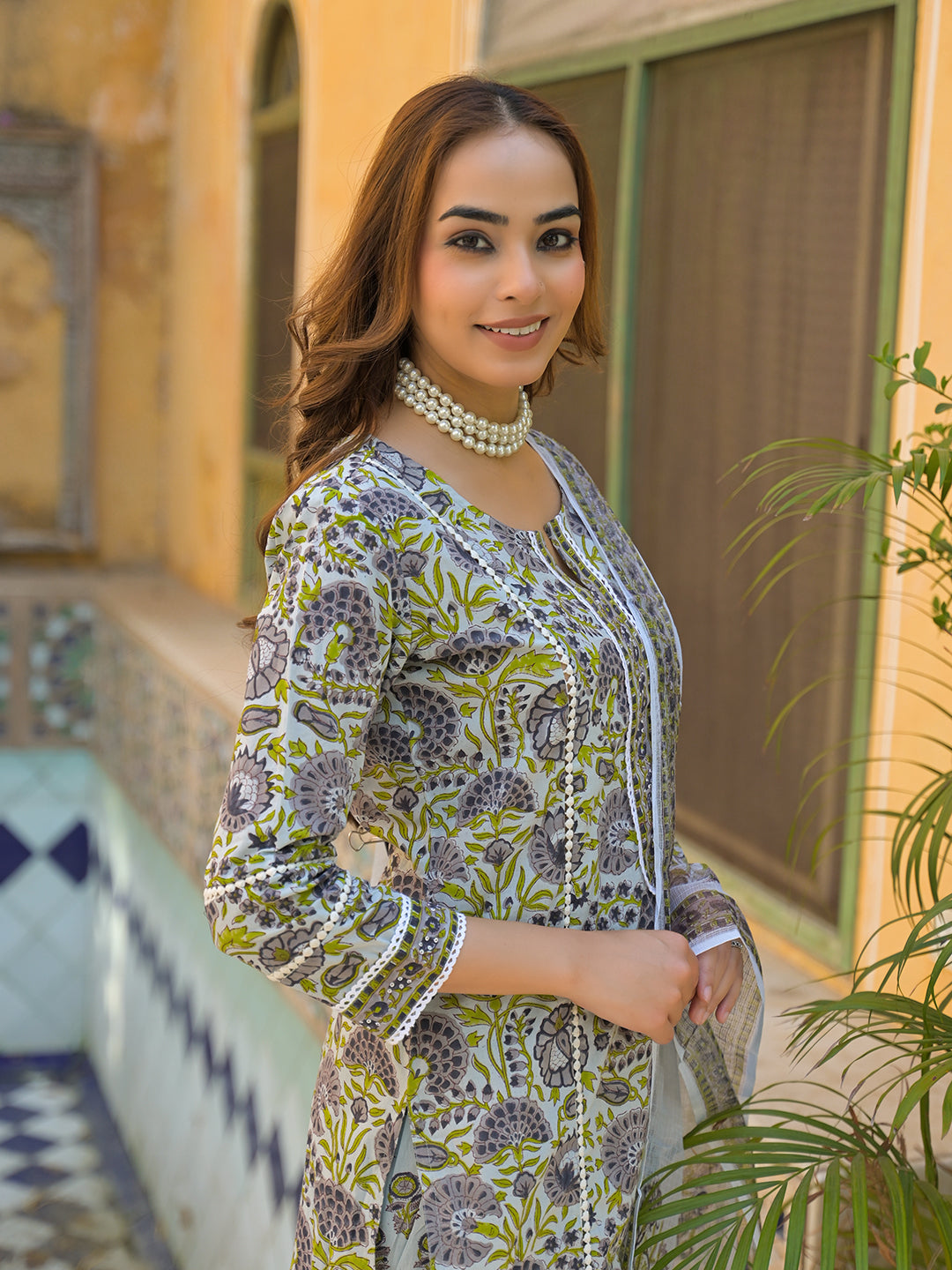 Noe Velarro Sea Green Cotton Hand Block Print Kurta Pant with Dupatta