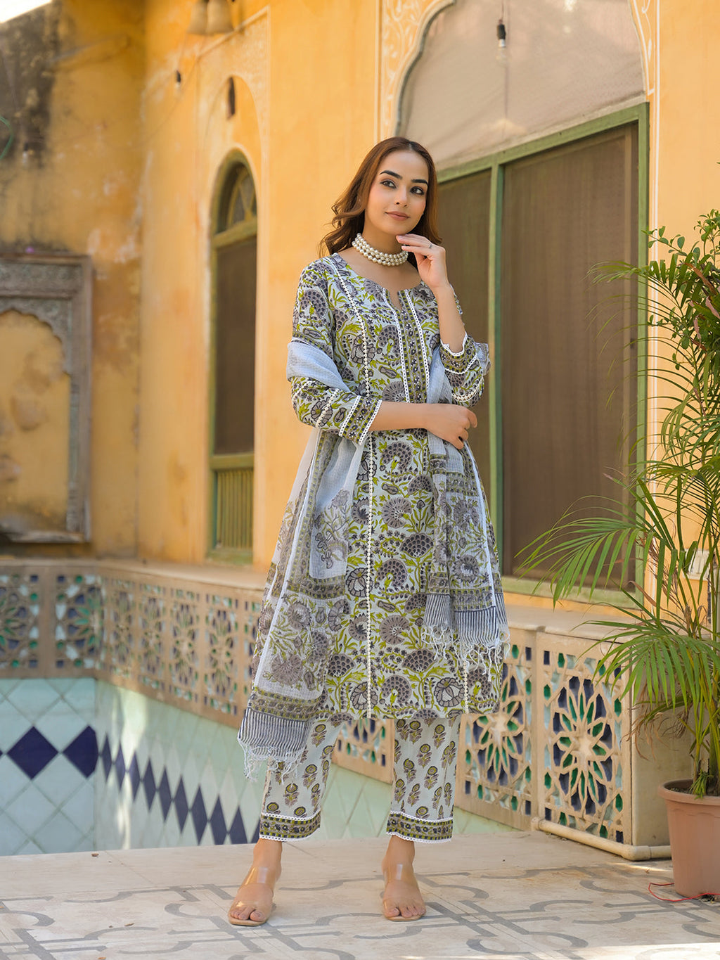 Noe Velarro Sea Green Cotton Hand Block Print Kurta Pant with Dupatta