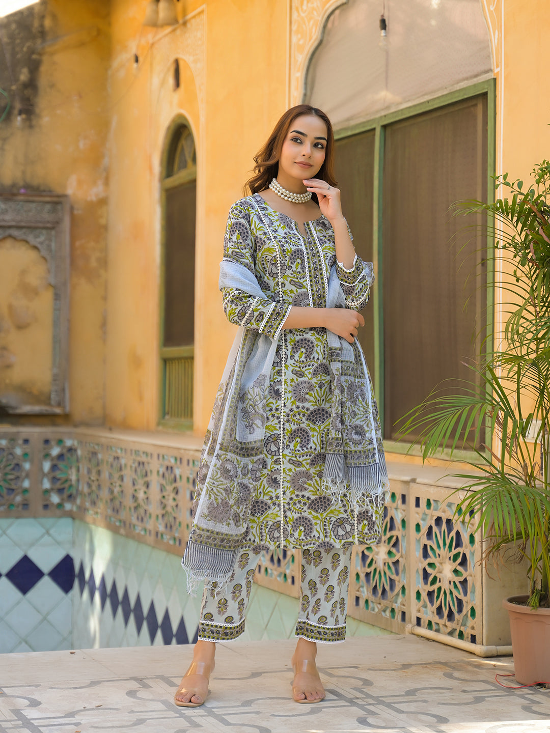 Noe Velarro Sea Green Cotton Hand Block Print Kurta Pant with Dupatta