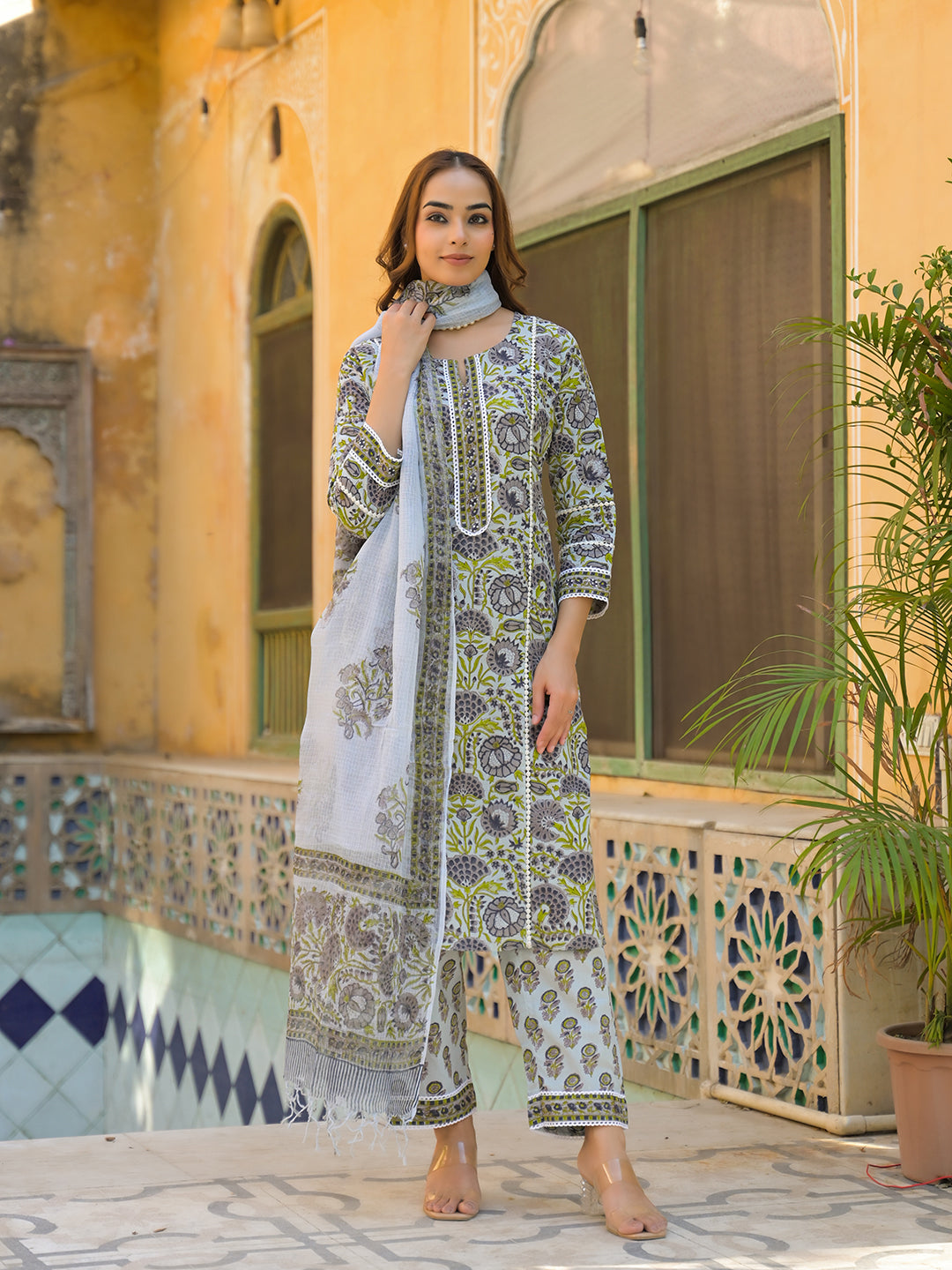 Noe Velarro Sea Green Cotton Hand Block Print Kurta Pant with Dupatta