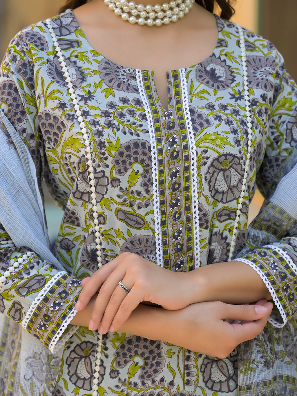 Noe Velarro Sea Green Cotton Hand Block Print Kurta Pant with Dupatta