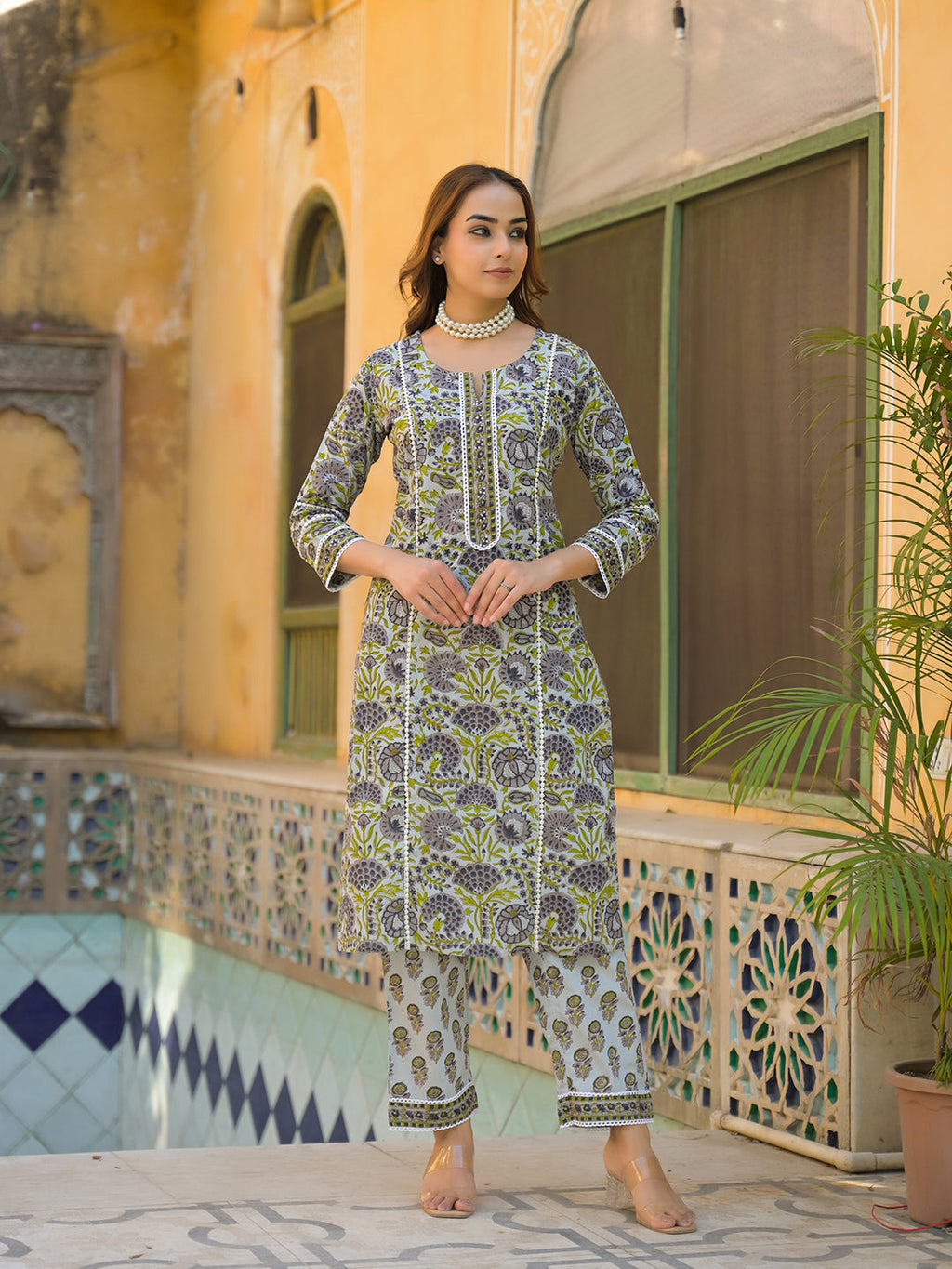 Noe Velarro Sea Green Cotton Hand Block Print Kurta Pant with Dupatta