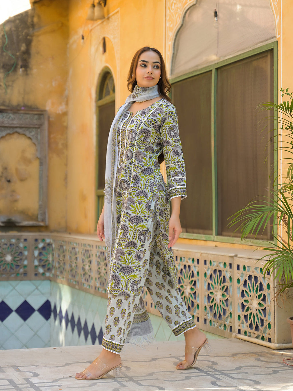 Noe Velarro Sea Green Cotton Hand Block Print Kurta Pant with Dupatta