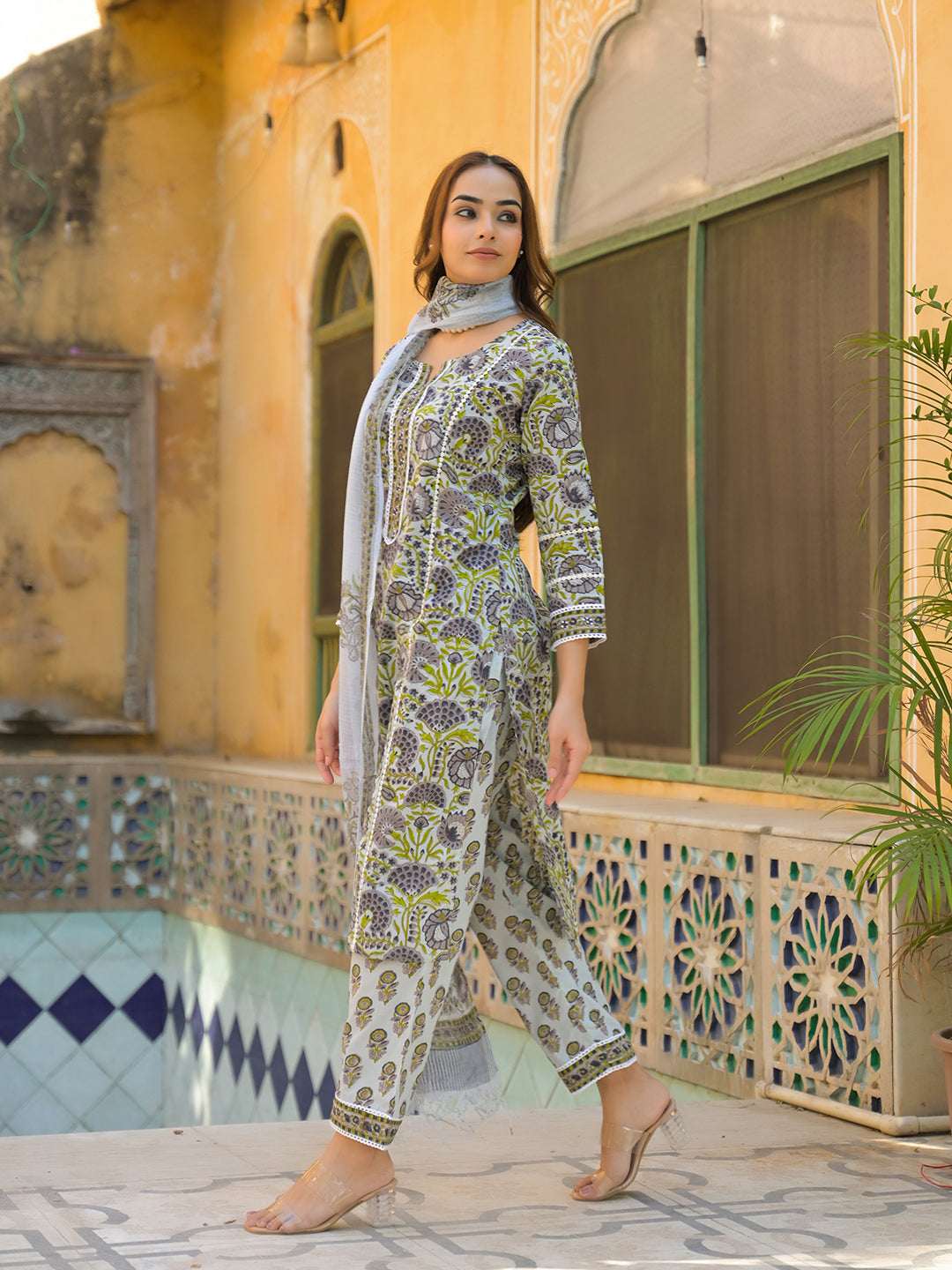 Noe Velarro Sea Green Cotton Hand Block Print Kurta Pant with Dupatta