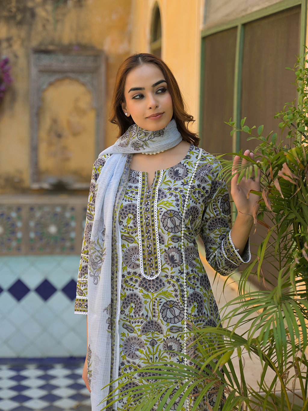 Noe Velarro Sea Green Cotton Hand Block Print Kurta Pant with Dupatta