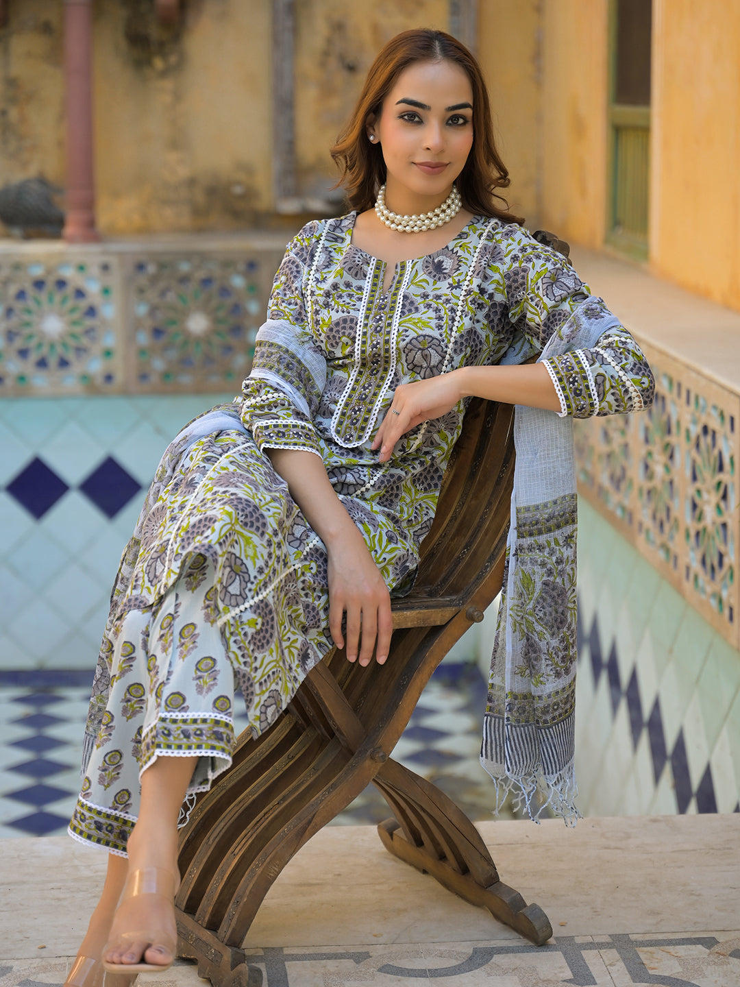 Noe Velarro Sea Green Cotton Hand Block Print Kurta Pant with Dupatta