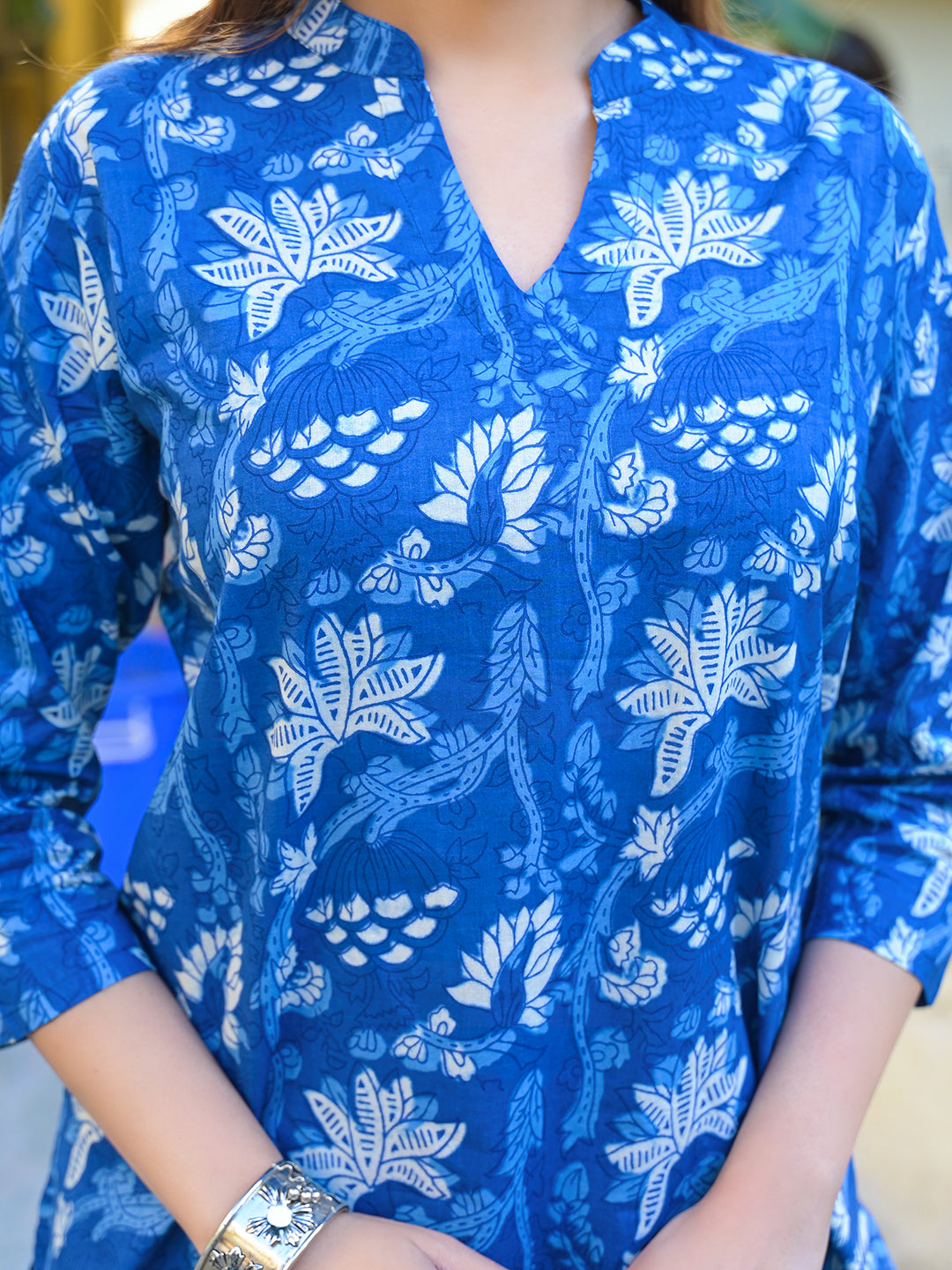 Noe Velarro Blue Floral Print Cotton Fabric Kurta with Pant