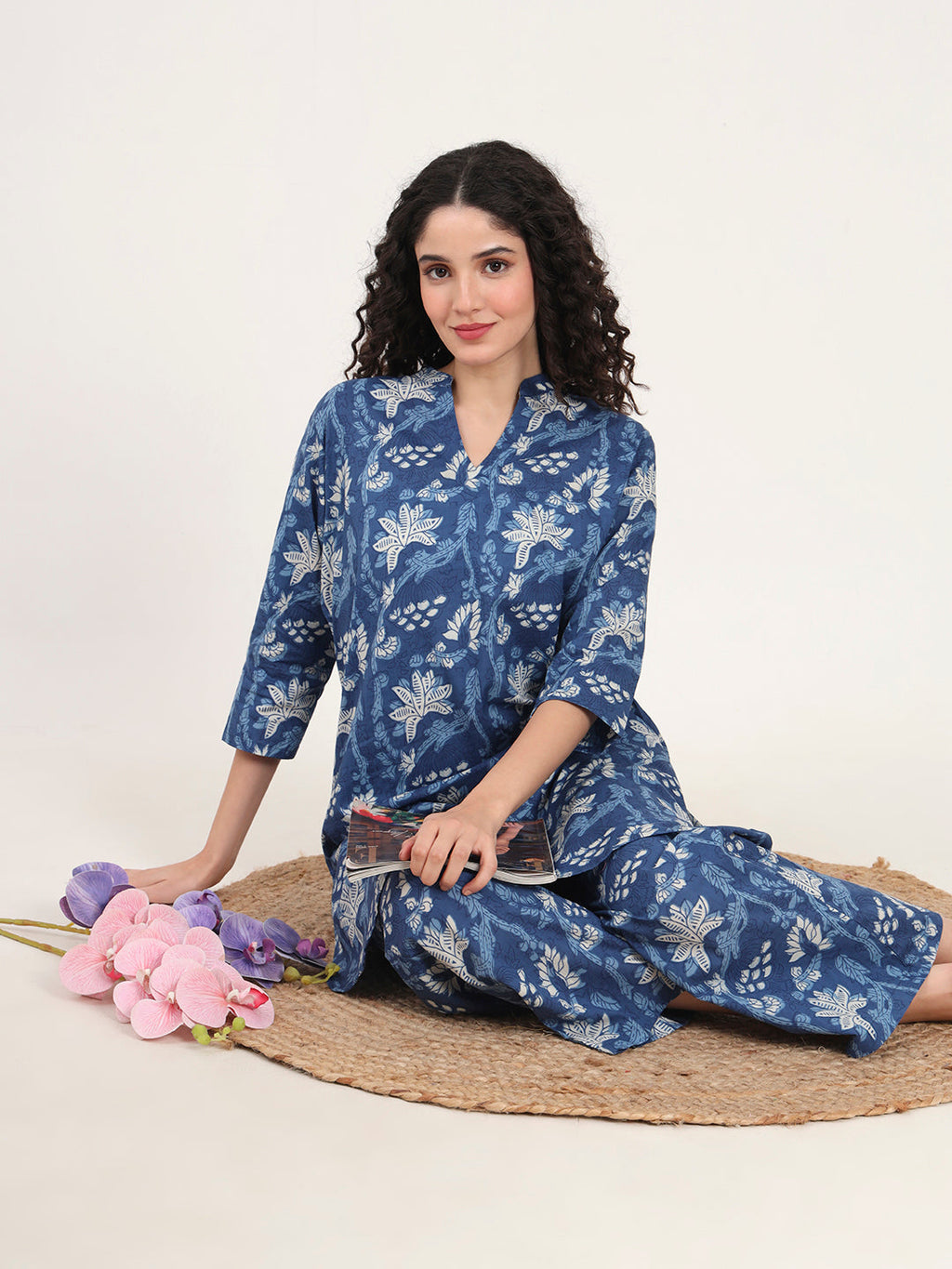 Noe Velarro Indigo Blue cotton Night Suit Set for women