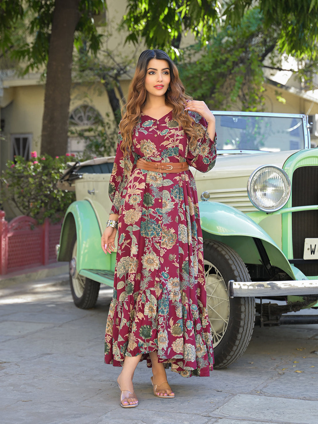 Noe Velarro Maroon Floral Print Rayon Fabric Flared Long Dress