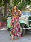 Noe Velarro Maroon Floral Print Rayon Fabric Flared Long Dress