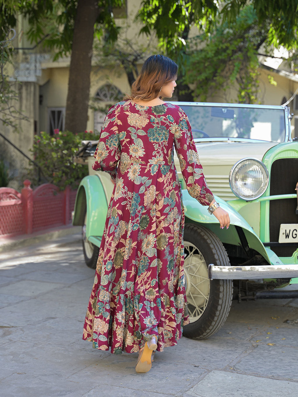 Noe Velarro Maroon Floral Print Rayon Fabric Flared Long Dress
