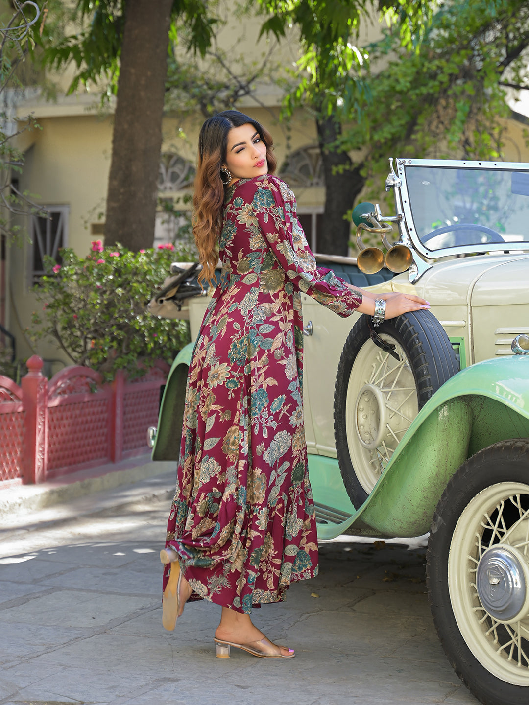 Noe Velarro Maroon Floral Print Rayon Fabric Flared Long Dress