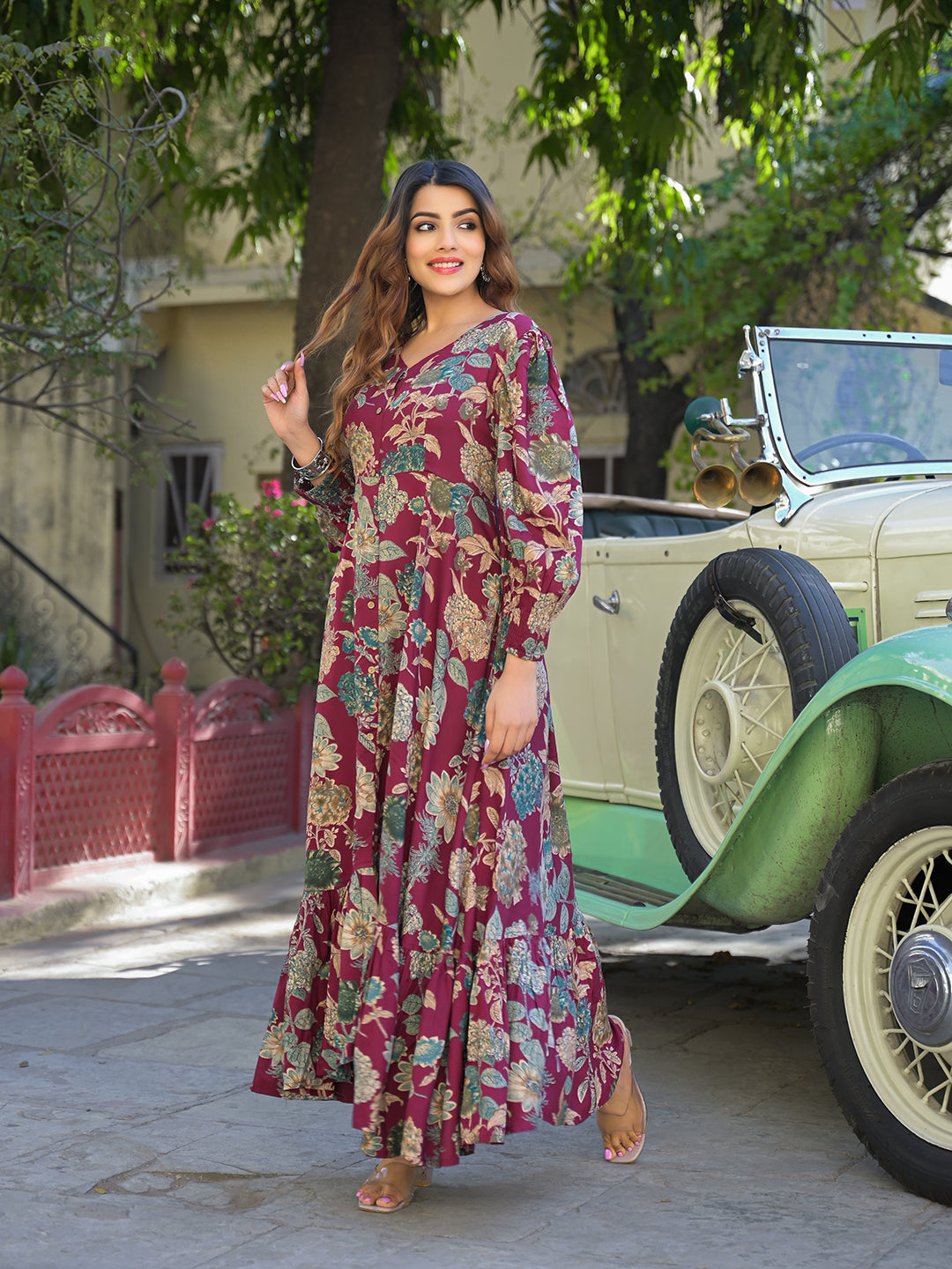 Noe Velarro Maroon Floral Print Rayon Fabric Flared Long Dress