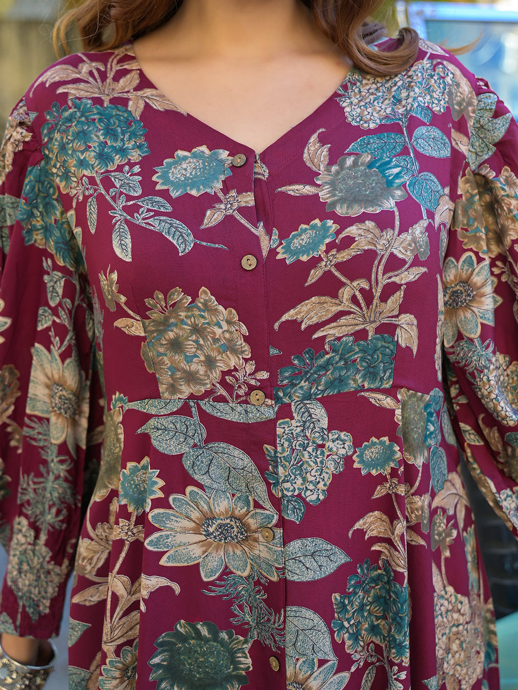 Noe Velarro Maroon Floral Print Rayon Fabric Flared Long Dress