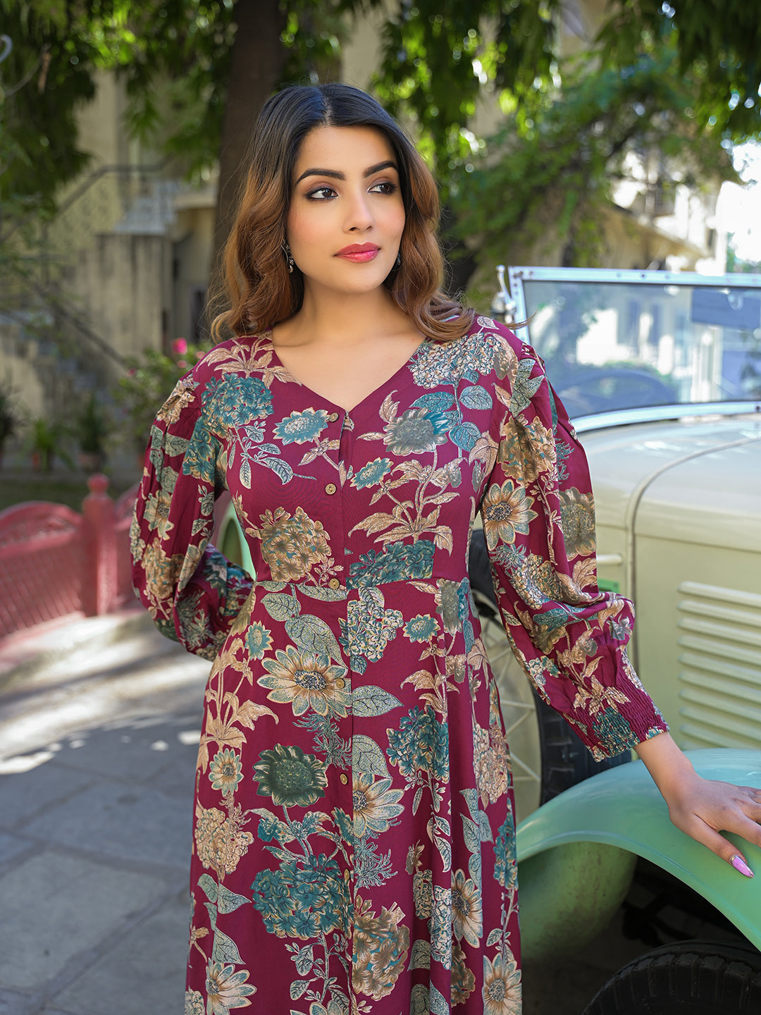 Noe Velarro Maroon Floral Print Rayon Fabric Flared Long Dress