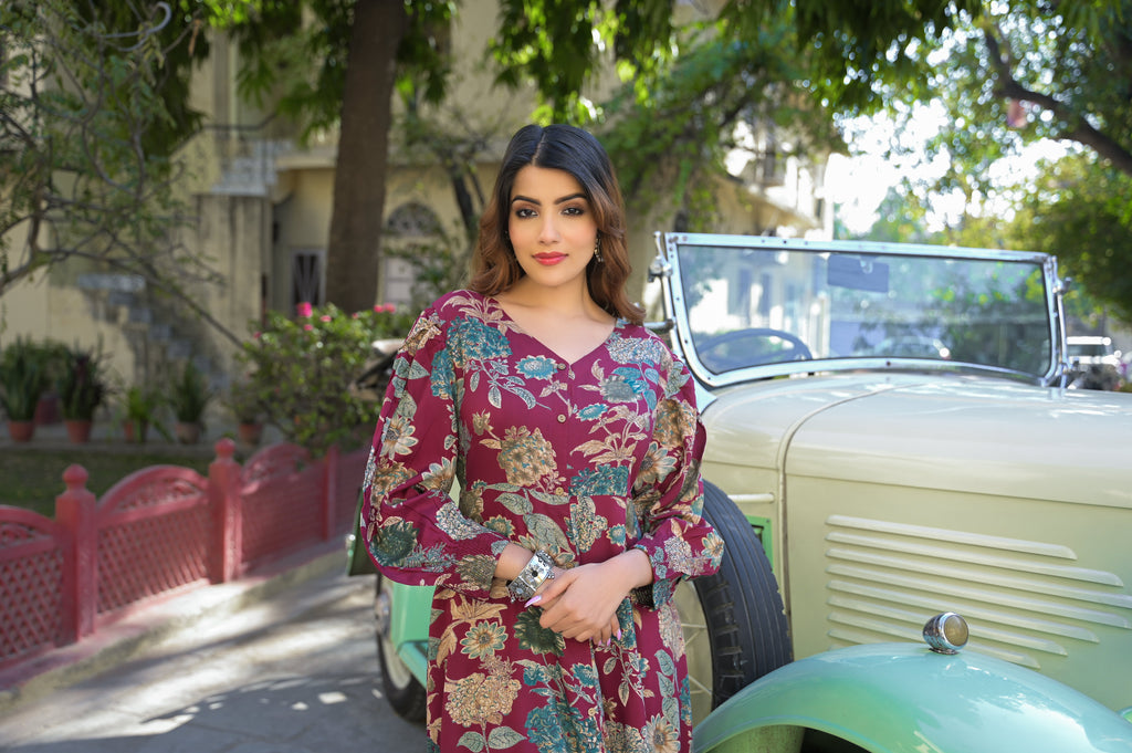 Noe Velarro Maroon Floral Print Rayon Fabric Flared Long Dress