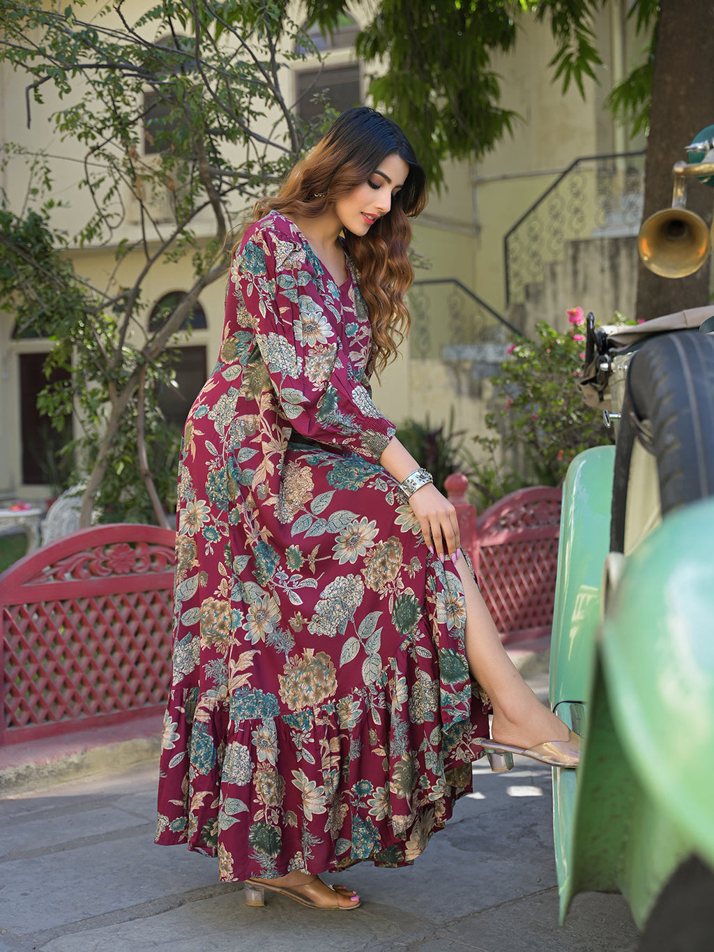 Noe Velarro Maroon Floral Print Rayon Fabric Flared Long Dress