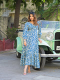 Noe Velarro Blue Floral Print Rayon Fabric Flared Long Dress