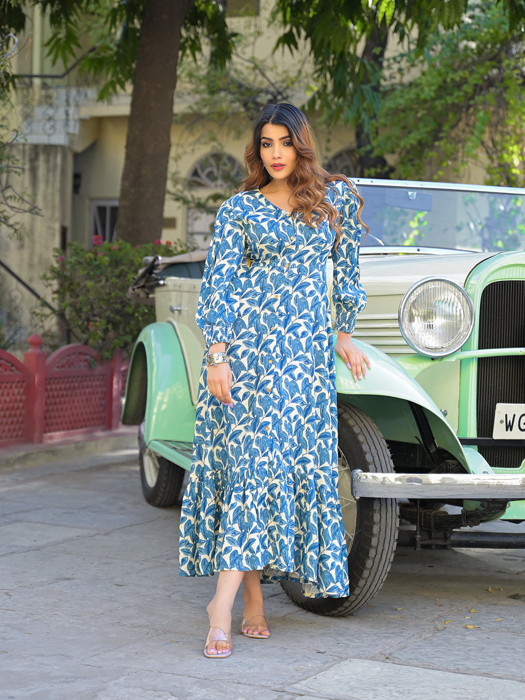 Noe Velarro Blue Floral Print Rayon Fabric Flared Long Dress