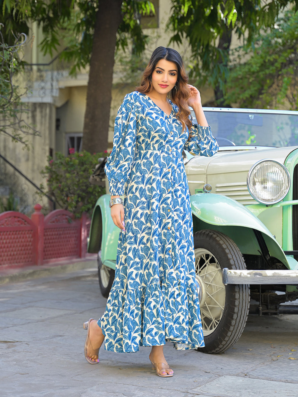 Noe Velarro Blue Floral Print Rayon Fabric Flared Long Dress