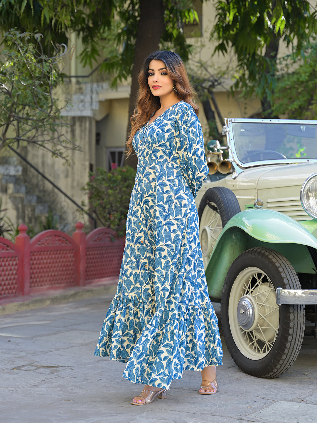 Noe Velarro Blue Floral Print Rayon Fabric Flared Long Dress