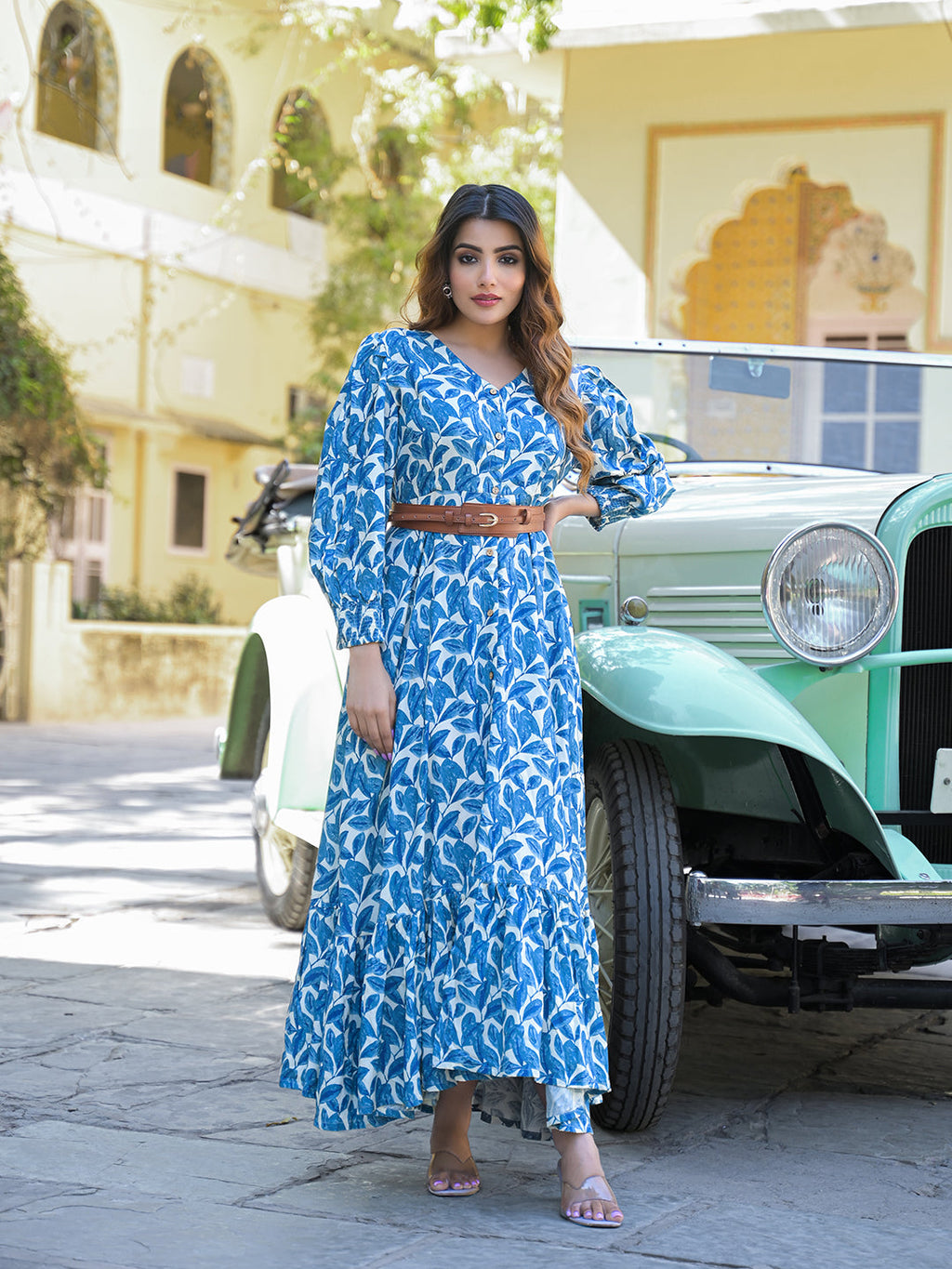 Noe Velarro Blue Floral Print Rayon Fabric Flared Long Dress